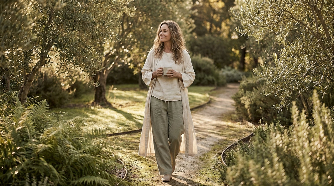 Woman on a morning walk in linen clothing through a garden path — KINDNATURE myo-inositol review