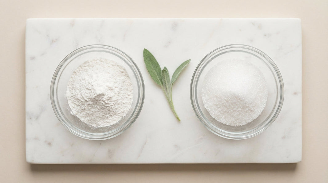 Two glass bowls with crystalline powder on white marble — myo-inositol vs d-chiro inositol comparison