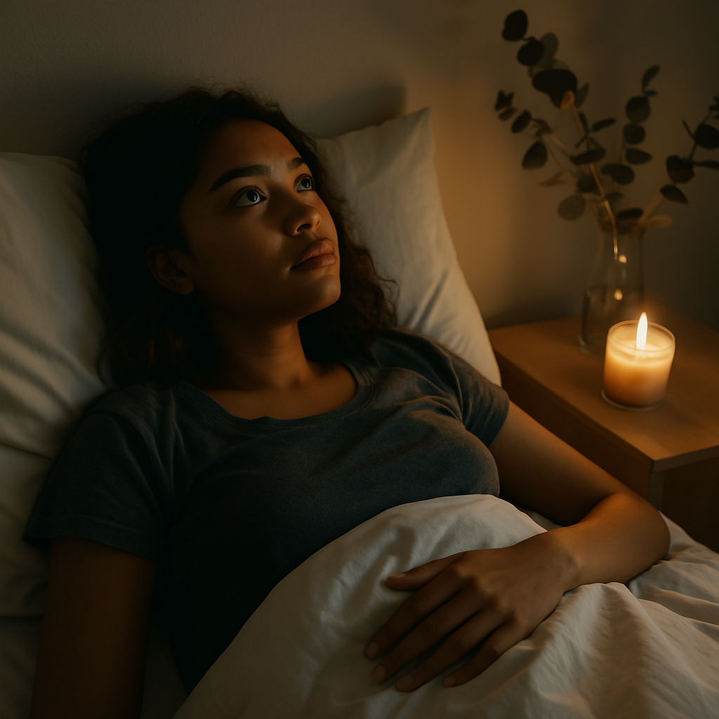 Young Gen-Z woman lying in bed at night with a gentle frown, hand on stomach, surrounded by soft shadows and a flickering candle with eucalyptus nearby—capturing quiet hormonal discomfort and self-awareness.