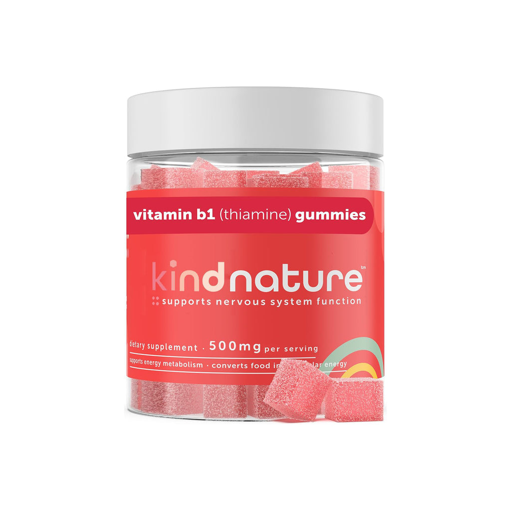 Close-up of Vitamin B1 Thiamine 500mg gummies by Kind Nature in a jar, highlighting their texture and natural coloring